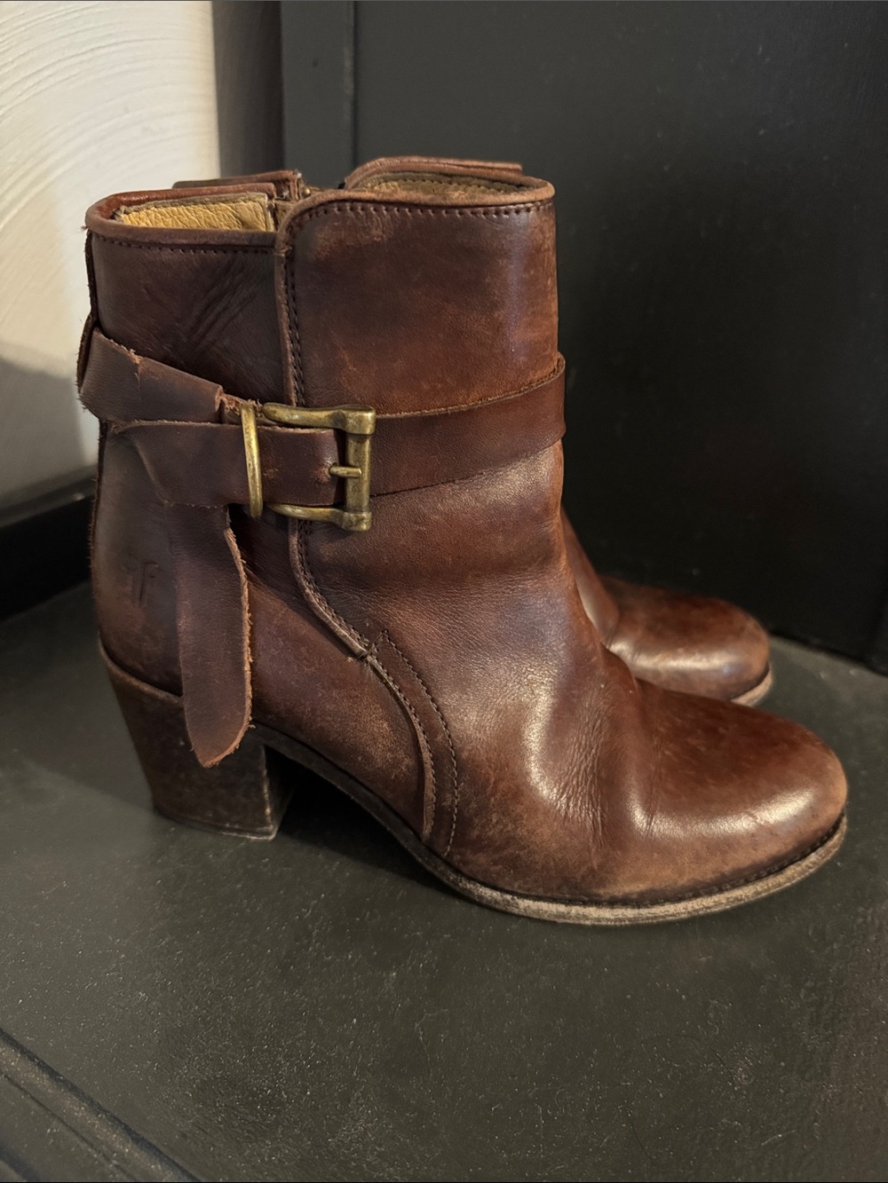 Frye Dark Brown Leather Buckle Ankle Boots